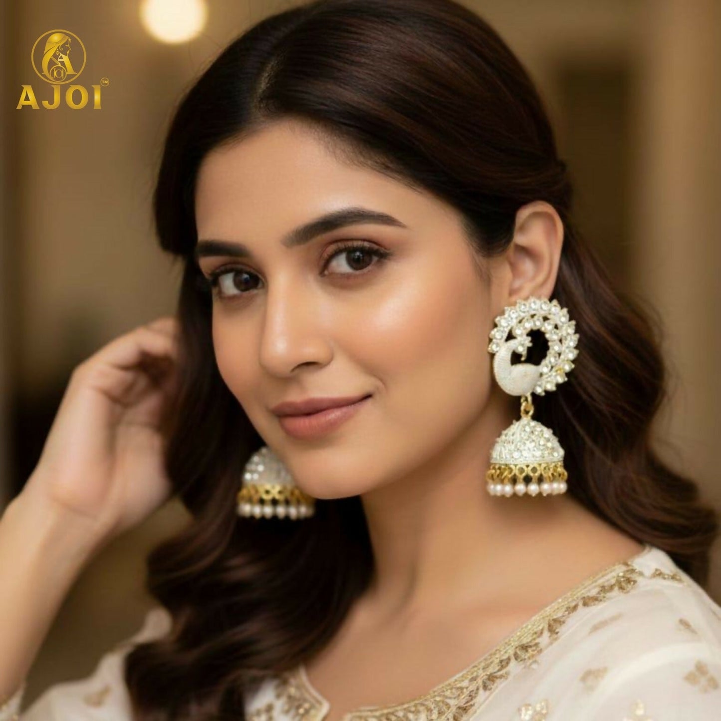 Elegant White Stone Pearl Jhumka Earrings