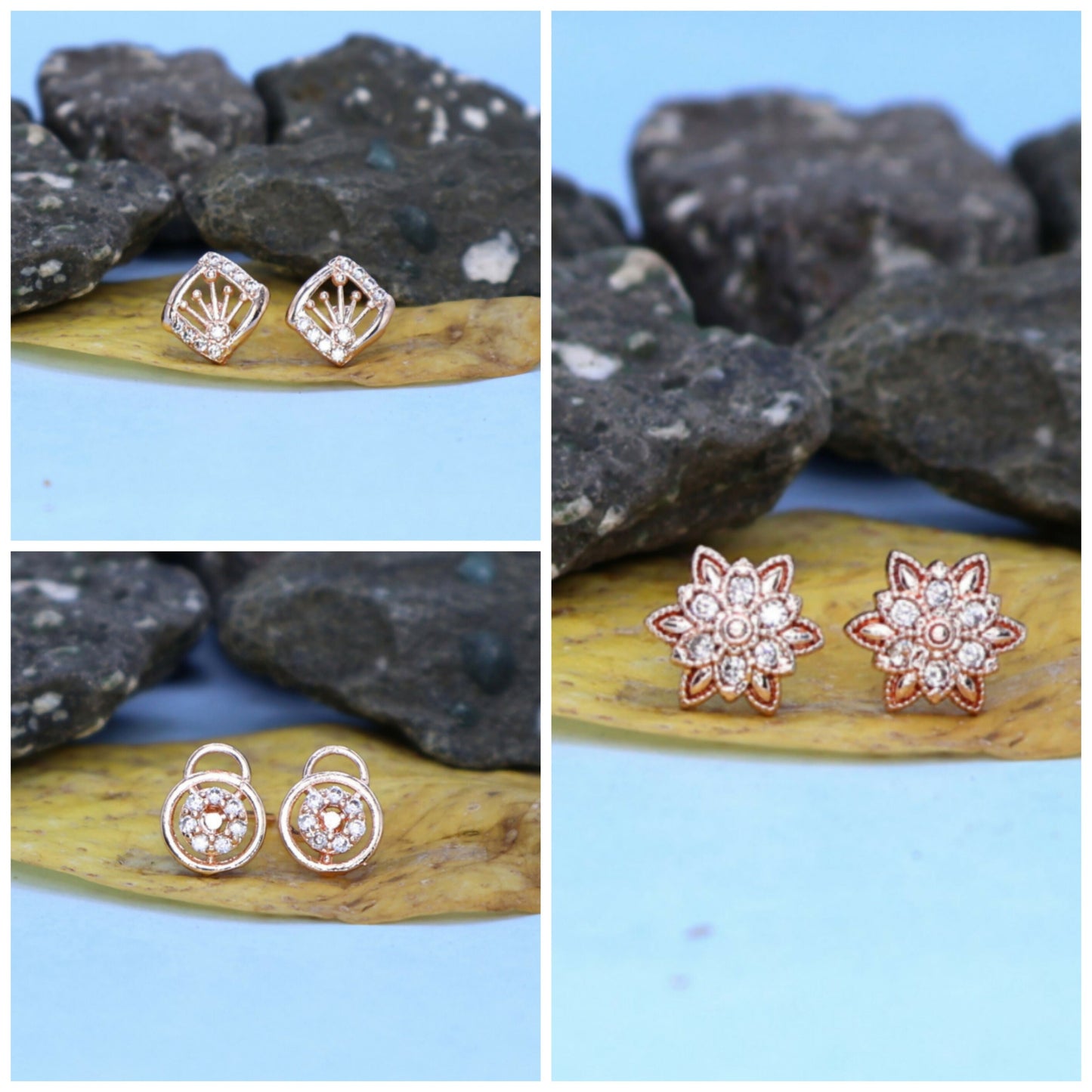 Rose    Artificial Gold AD Stud Earrings Set | 3 Pair Combo | Diamond Look for women and girls
