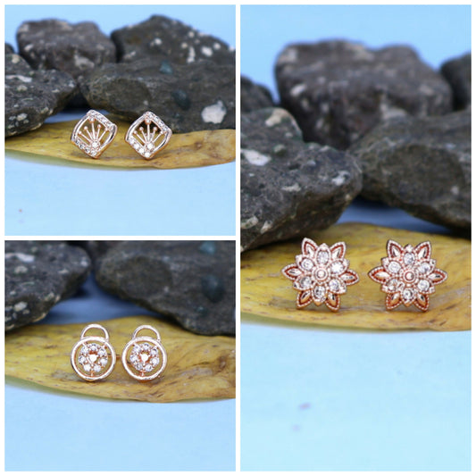 Rose    Artificial Gold AD Stud Earrings Set | 3 Pair Combo | Diamond Look for women and girls