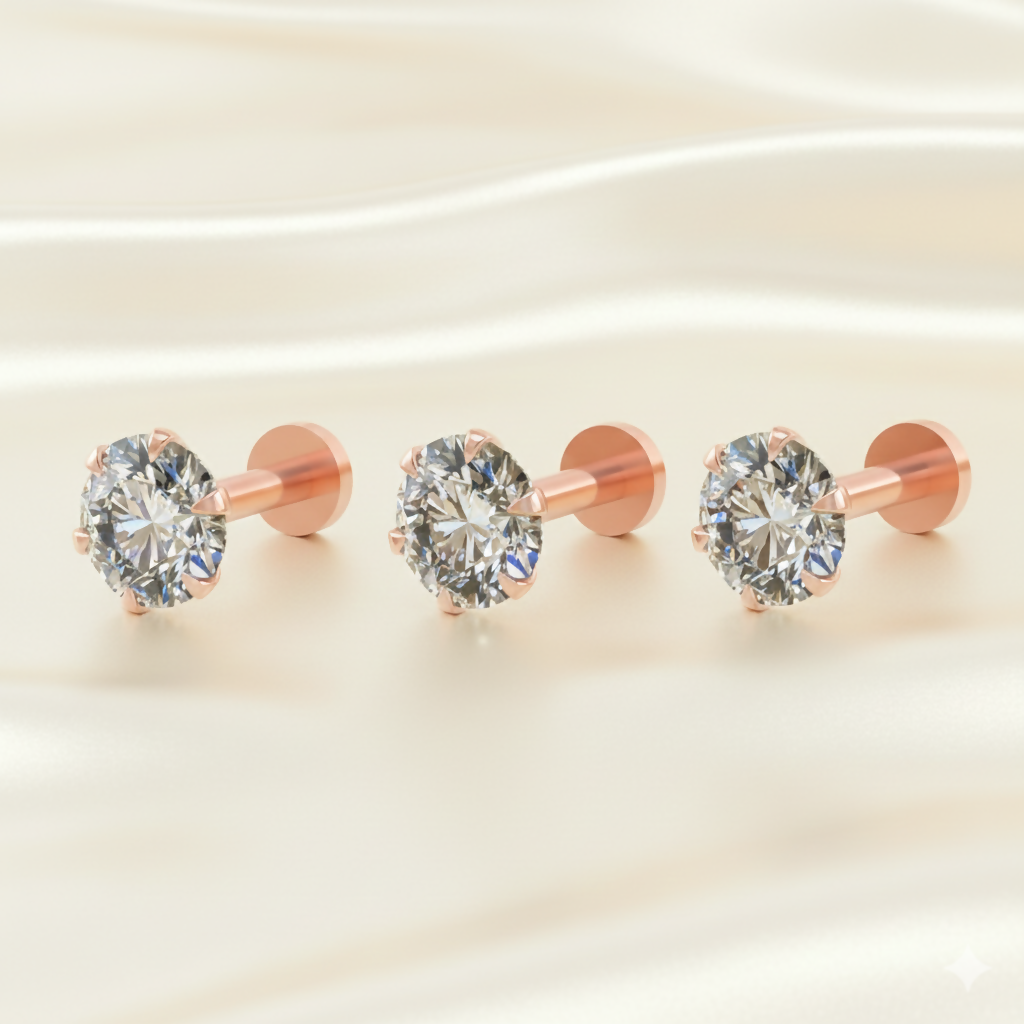 Rose    Artificial Gold AD Nosepin Stud Labret Flat Back Piercing Combo Pack of 3