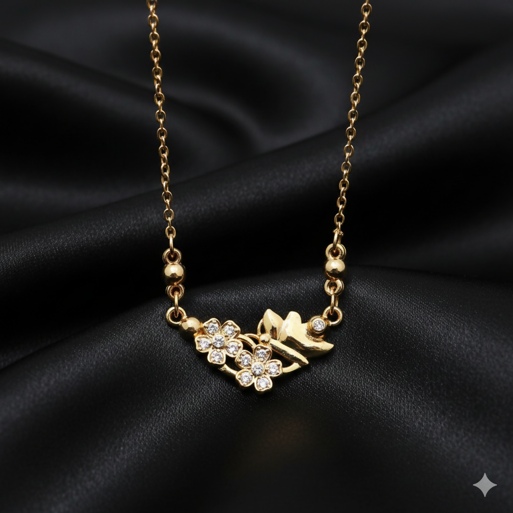 Artificial Gold Flower & Butterfly Necklace AD Floral Pendant For women and girls