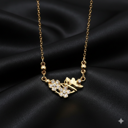 Artificial Gold Flower & Butterfly Necklace AD Floral Pendant For women and girls