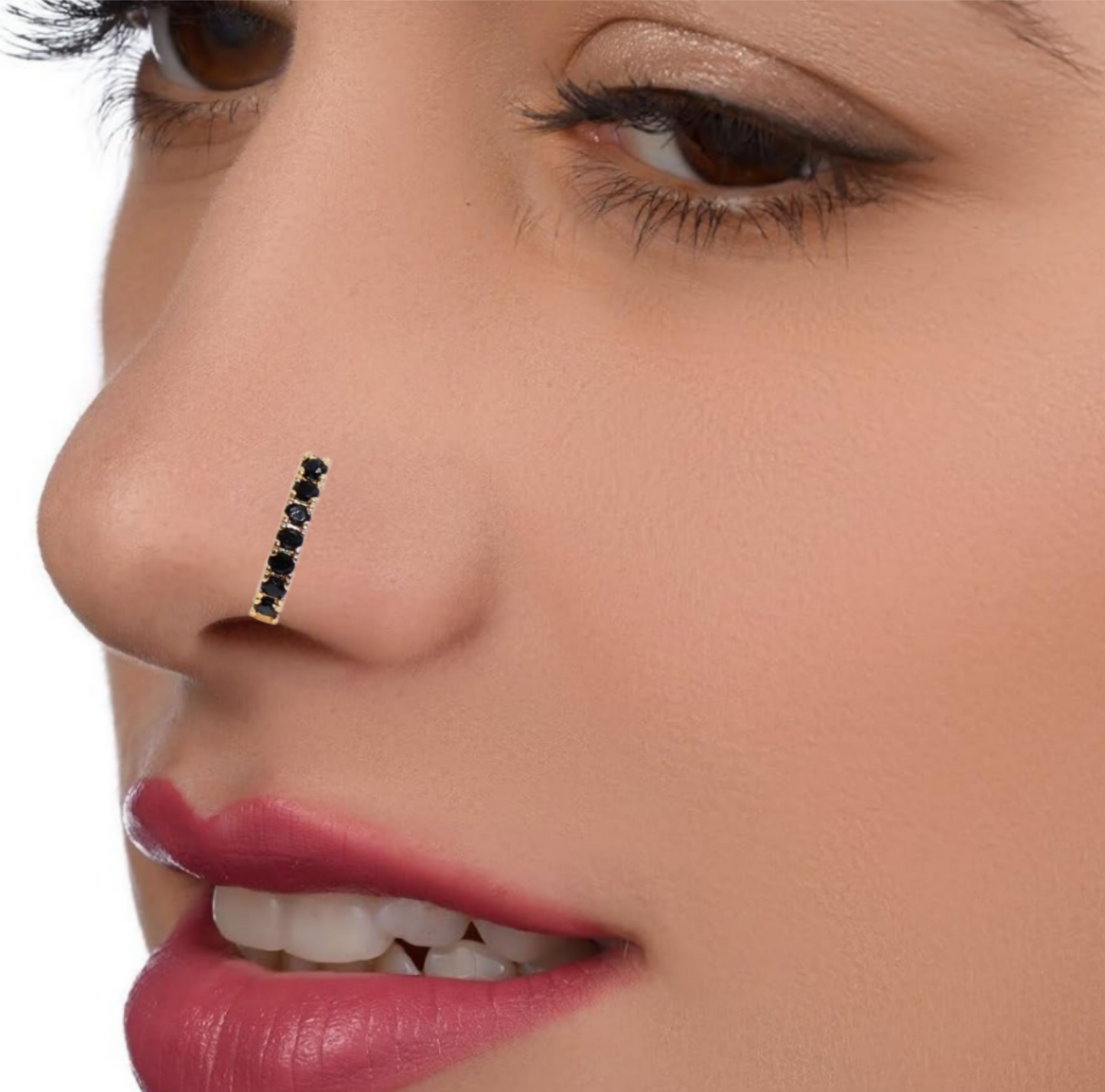Black Crystal Line Nose Ring | Indian Style    Artificial Gold Bar Nose Stud Combo Pack of 2