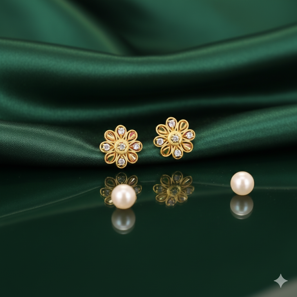 Artificial Gold Flower Stud Earrings with AD for women and girls