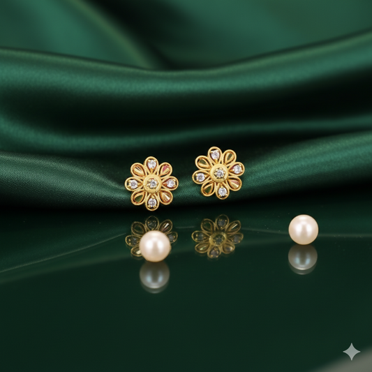 Artificial Gold Flower Stud Earrings with AD for women and girls