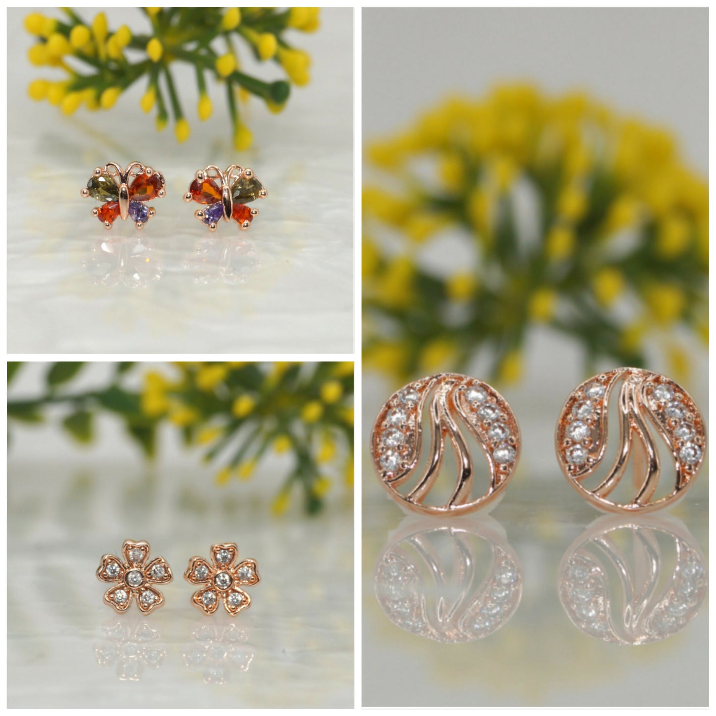 3-Pair Rose    Artificial Gold Stud Earring Set - Flower, Swirl, Butterfly for women and girls Combo Pack of 3