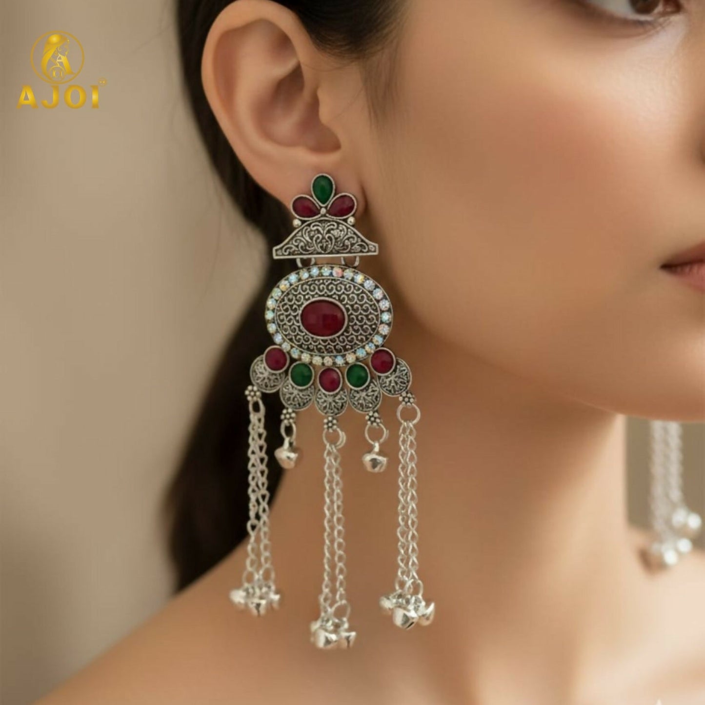 Kashmiri Style Oxidised Silver Long Earrings For Women And Girls
