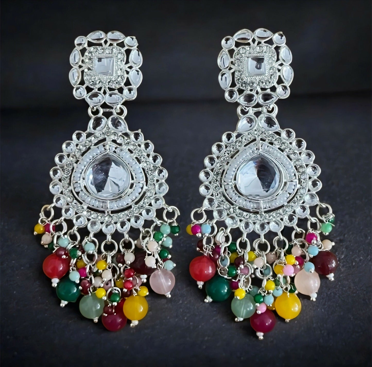 Oxidized Silver Chandbalis with Multi-Color Bead Drops