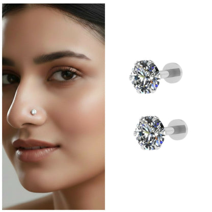 Silver plated AD Nosepin Stud Internally Threaded Labret for women and girls Combo Pack of 2