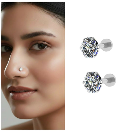 Silver plated AD Nosepin Stud Internally Threaded Labret for women and girls Combo Pack of 2