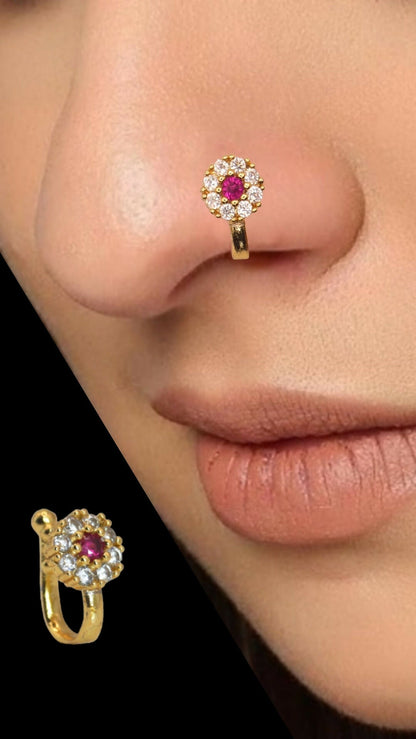 Artificial Gold Plated Floral Clip-On Nose Pin | Red & White Stone
