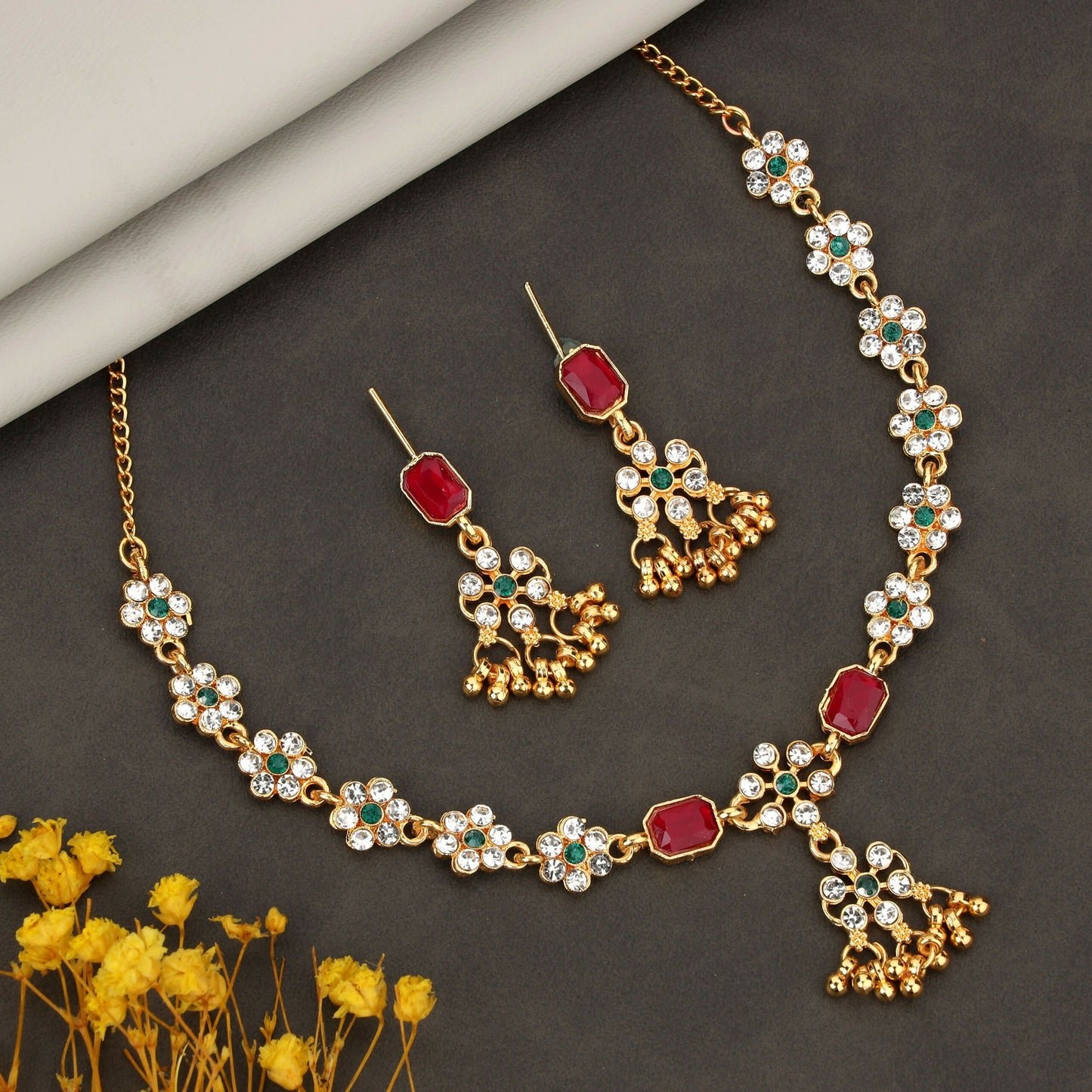 Romantic Rose   Artificial Gold Ruby Red Crystal Heart Necklace Set