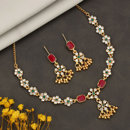 Romantic Rose    Artificial Gold Ruby Red Crystal Heart Necklace Set