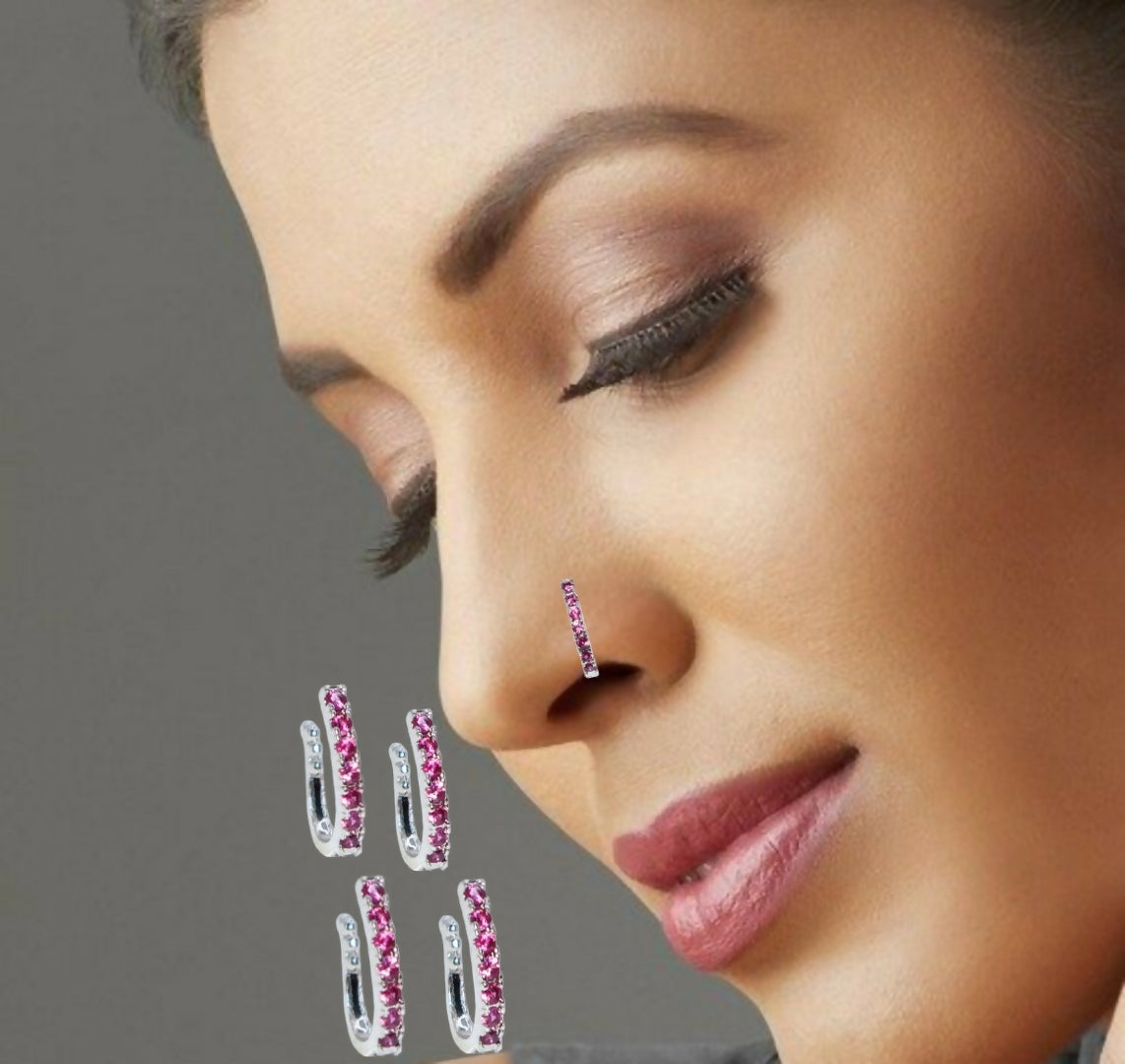 Rose    Artificial Gold Pink CZ Floral Non-Pierced Clip-On Nose Ring/Pin Combo Pack of 4