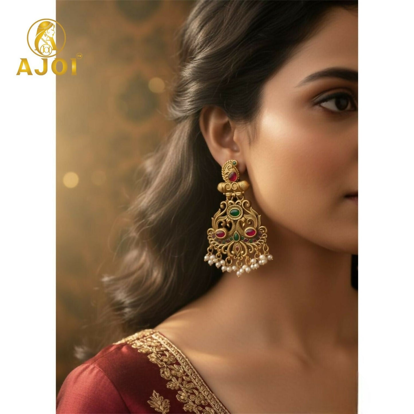 Antique Matte    Artificial Gold Temple Earrings with Red-Green Stone Work & Pearl Drops | Traditional South Indian Bridal Jewelry.