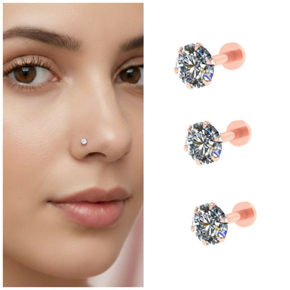Rose    Artificial Gold AD Nosepin Stud Labret Flat Back Piercing Combo Pack of 3