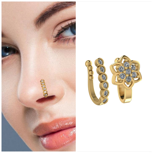 Artificial Gold Rose    Artificial Gold Clip On Nose Pin Nath Set Fake Piercing Combo Pack of 2