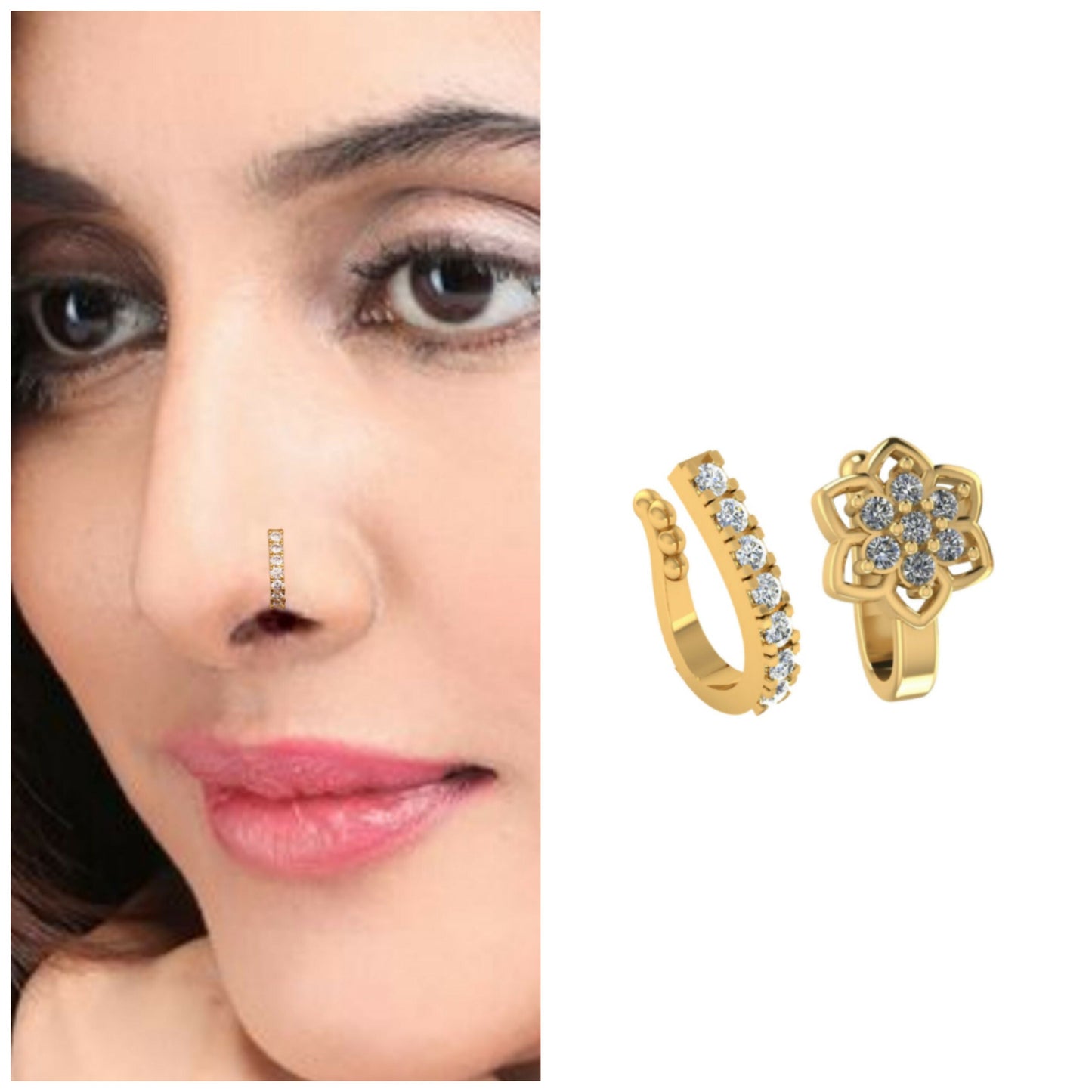 Artificial Gold Plated CZ Non-Pierced Nose Cuff Ring Set for Women Combo Pack of 2