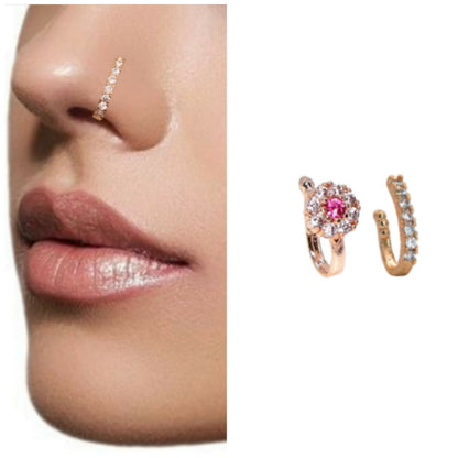 Artificial Gold Plated Diamond Look Side Nose Cuff Non-Pierced Combo Pack of 2