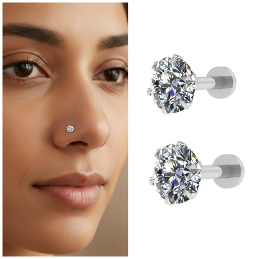 silver plated AD Flat Back Nosepin Stud for women and girls Combo Pack of 2