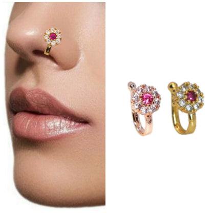 Non-Piercing Floral Nose Ring/Nath Set Rose    Artificial Gold Pink Stone Combo Pack of 2