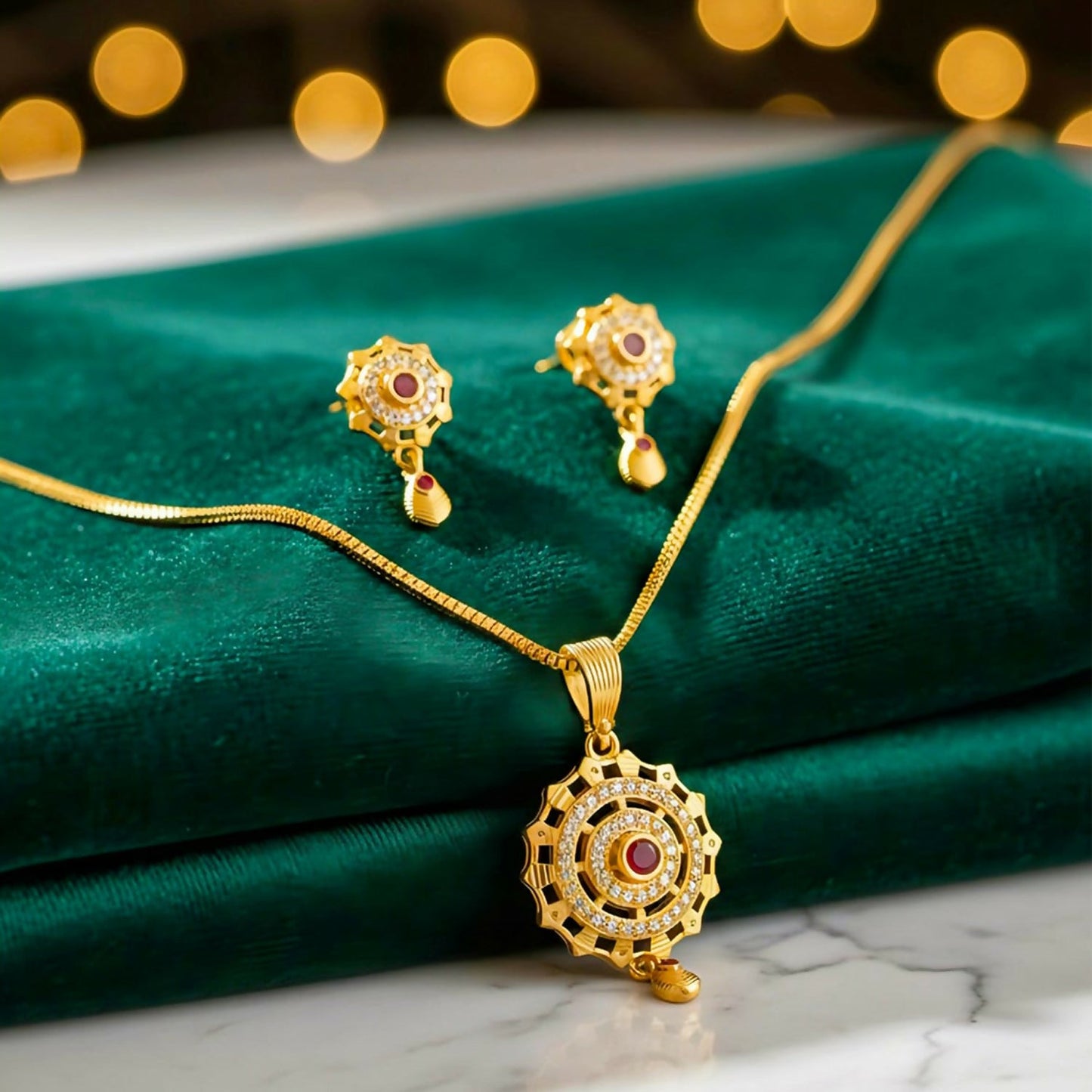 Micro   Artificial Gold-Plated Ruby and White Stone Pendant Set With Matching Earrings