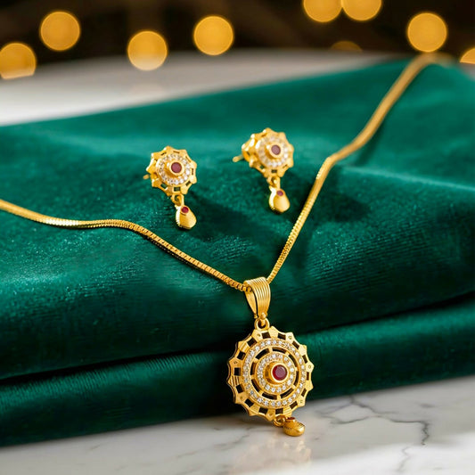 Micro   Artificial Gold-Plated Ruby and White Stone Pendant Set With Matching Earrings