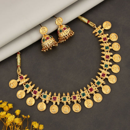 Artificial Gold-Tone Traditional Green & Ruby Shield Choker