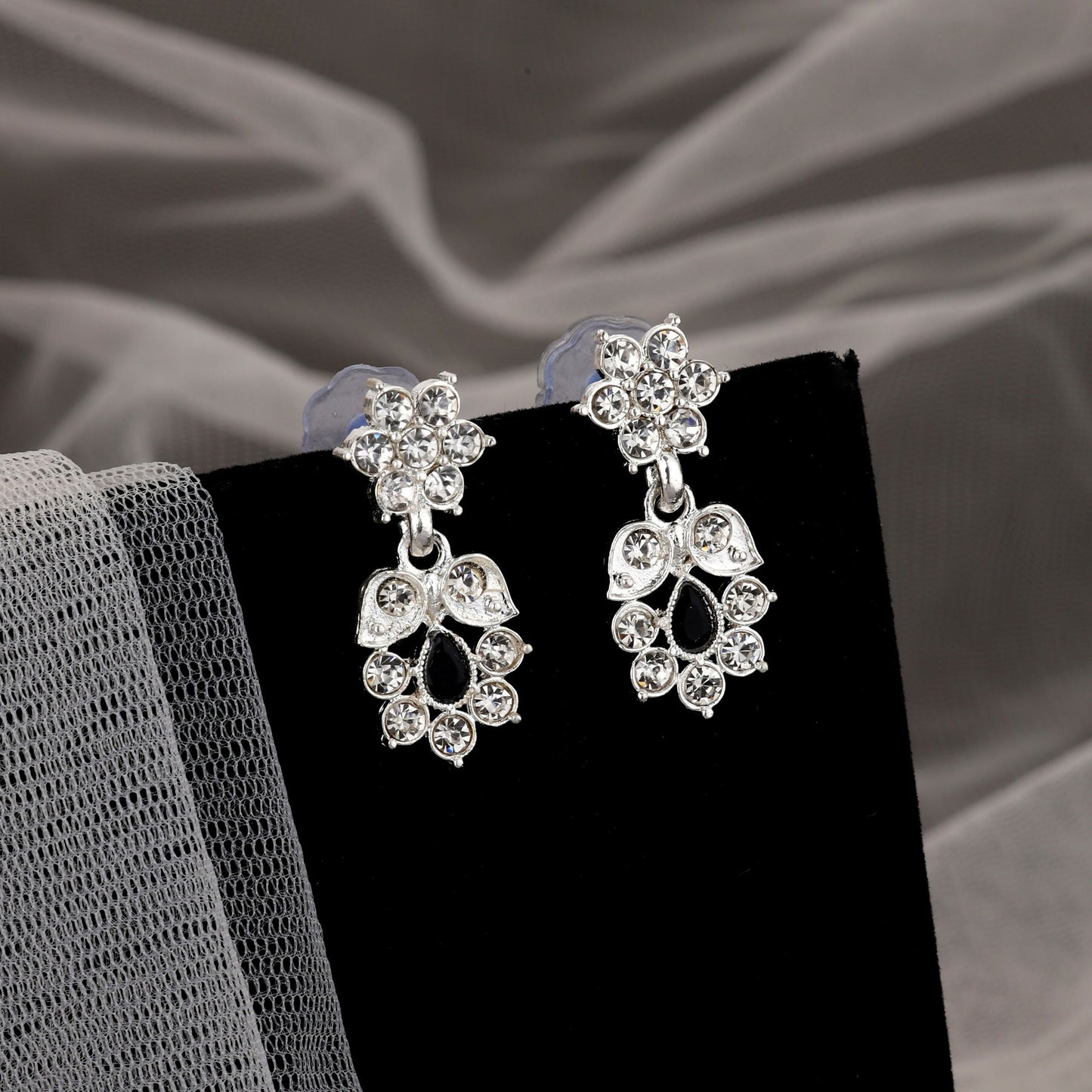 Elegant Silver-Toned American Diamond & Black Stone Set