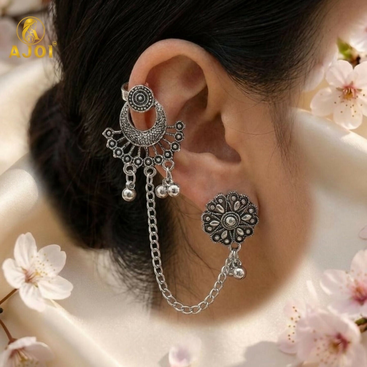 Oxidized Silver Ethnic Ear Cuff Chain Earrings with Studs | Traditional Boho Tribal Jewelry