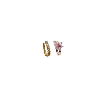 2 Pcs Non-Piercing CZ Nose Clip Set - Flower & Pave Hoop
