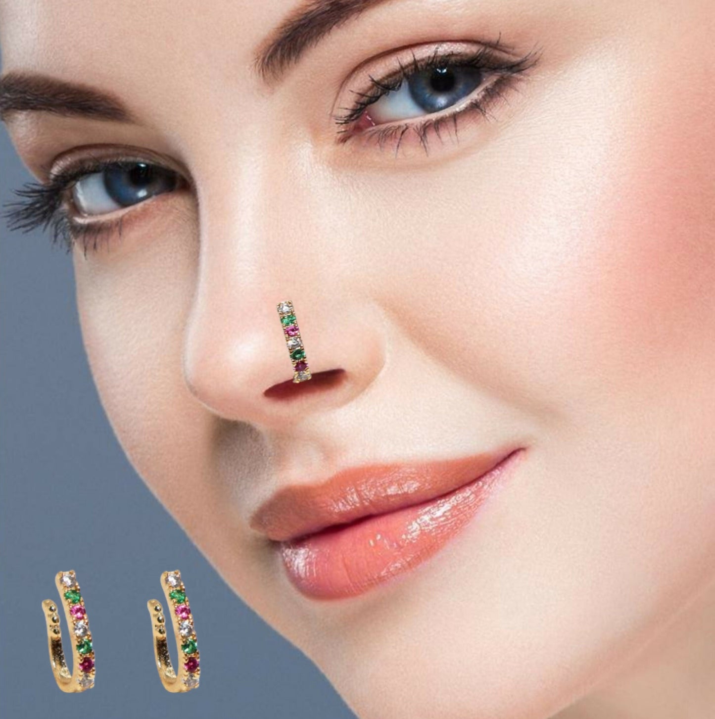 Artificial Gold Plated Multi-Color Stone Nose Ring/Nose Hoop Combo Pack of 2