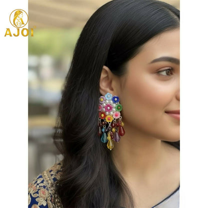 Handcrafted Flower Beads Earrings with Multicolor Crystal Drops – Cute, Vibrant & Trendy.