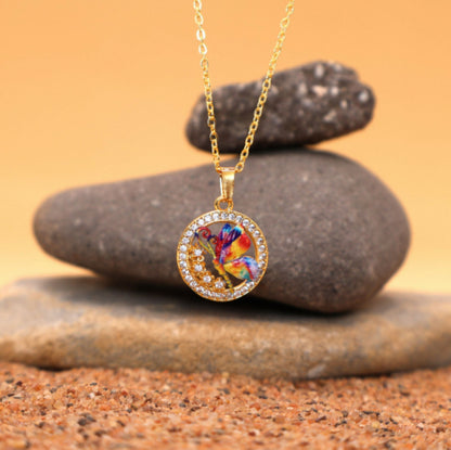 Artificial Gold Butterfly Pendant Necklace - Colorful Crystal Circle For women and girls