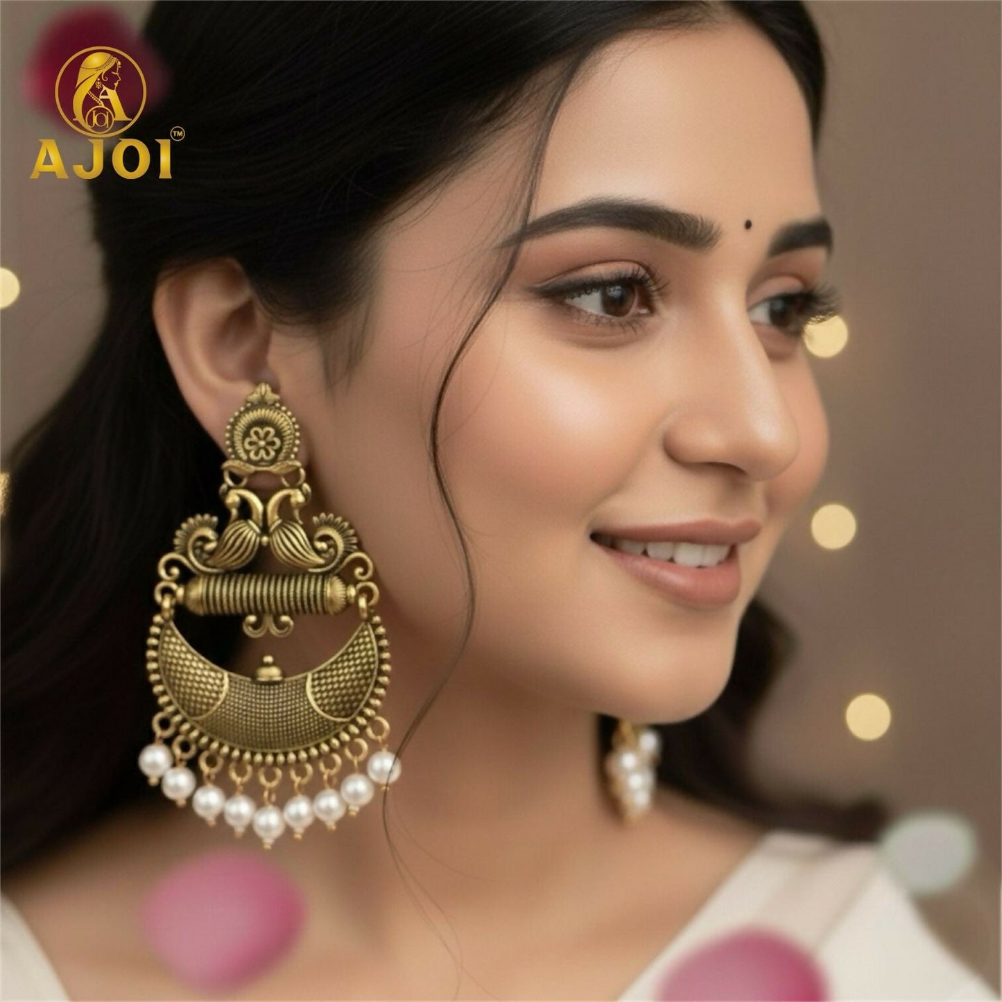 Antique    Artificial Gold Tribal Chandbali Earrings with Pearl Drops & Peacock Motif