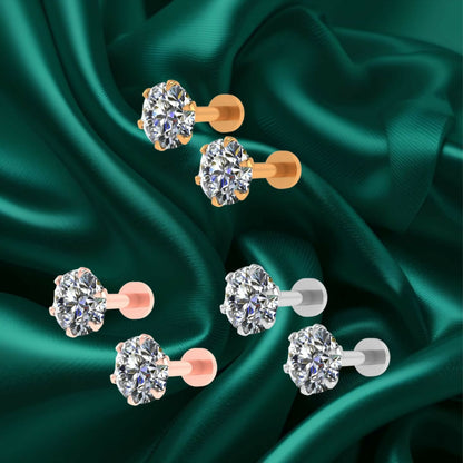 Silver    Artificial Gold rose Plated Round AD Solitaire Flat Back Stud Earrings Combo Pack of 3