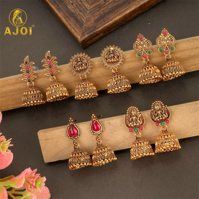 Traditional Antique   Artificial Gold-Plated Temple Jhumka Earrings Combo Set for Women & Girls (Set of 5)