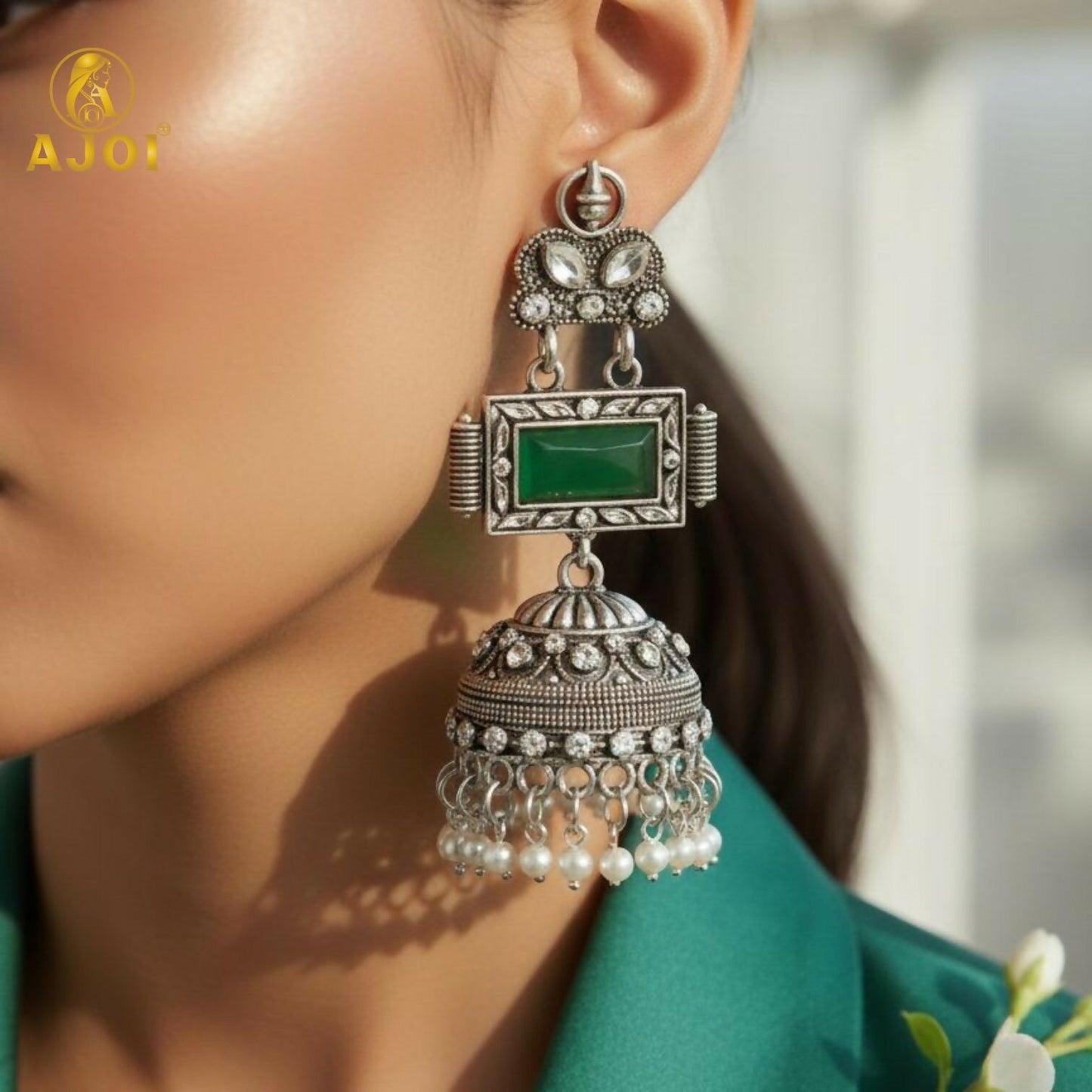 Imperial Heritage Oxidized Silver Jhumka Earrings with Deep Green Stone Earring