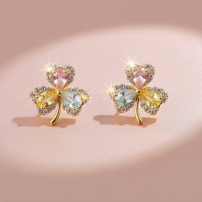 Multicolor Crystal Clover Stud Earrings with    Artificial Gold Finish for Women