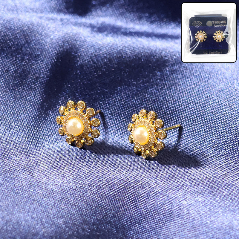 Pearl Center Floral Stud Earrings with    Artificial Gold Finish for Women