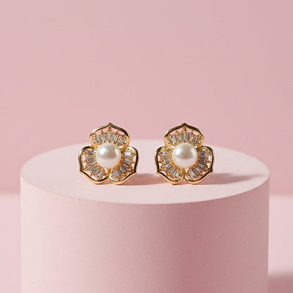 Pearl Center Floral Stud Earrings with Crystal Detailing and    Artificial Gold Finish