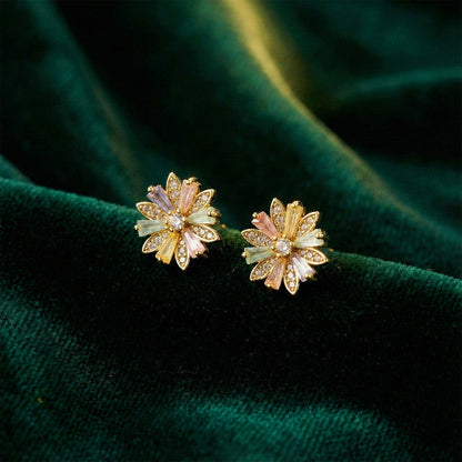Multicolor Crystal Floral Stud Earrings with    Artificial Gold Finish for Women