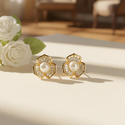 Pearl Center Floral Stud Earrings with Crystal Detailing and    Artificial Gold Finish
