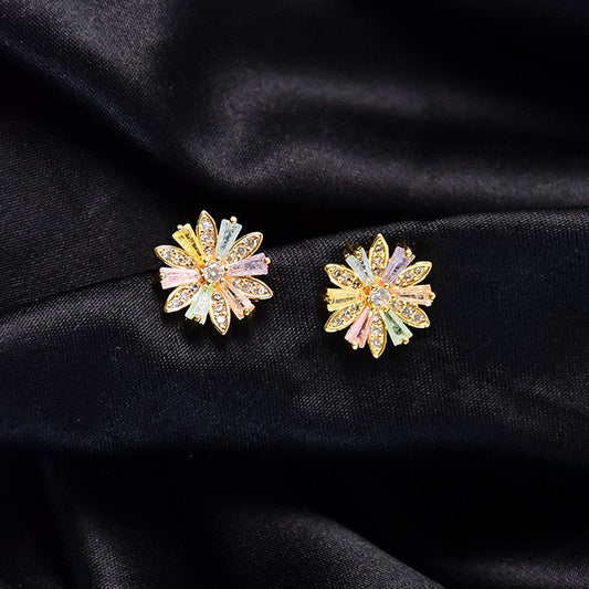Multicolor Crystal Floral Stud Earrings with    Artificial Gold Finish for Women