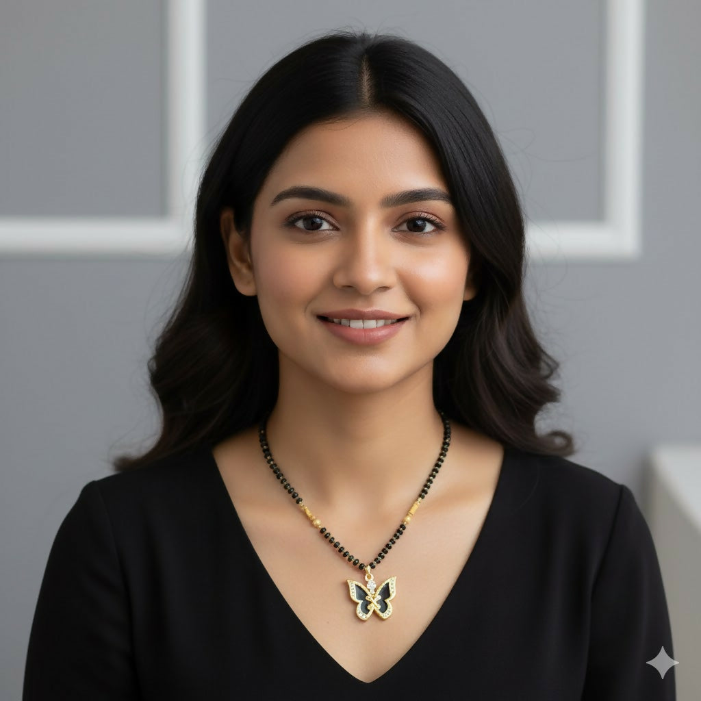 Artificial Gold-Plated AD Butterfly Mangalsutra with Black Bead Chain for women