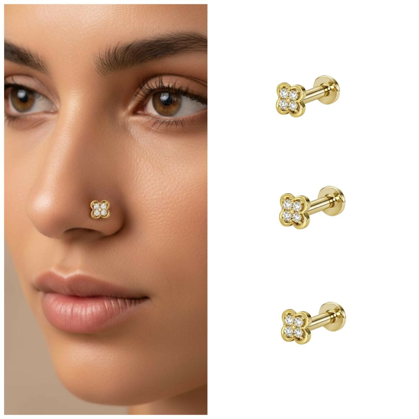 Artificial Gold Plated Clover AD Nosepin Stud Piercing for women and girls Combo Pack of 3