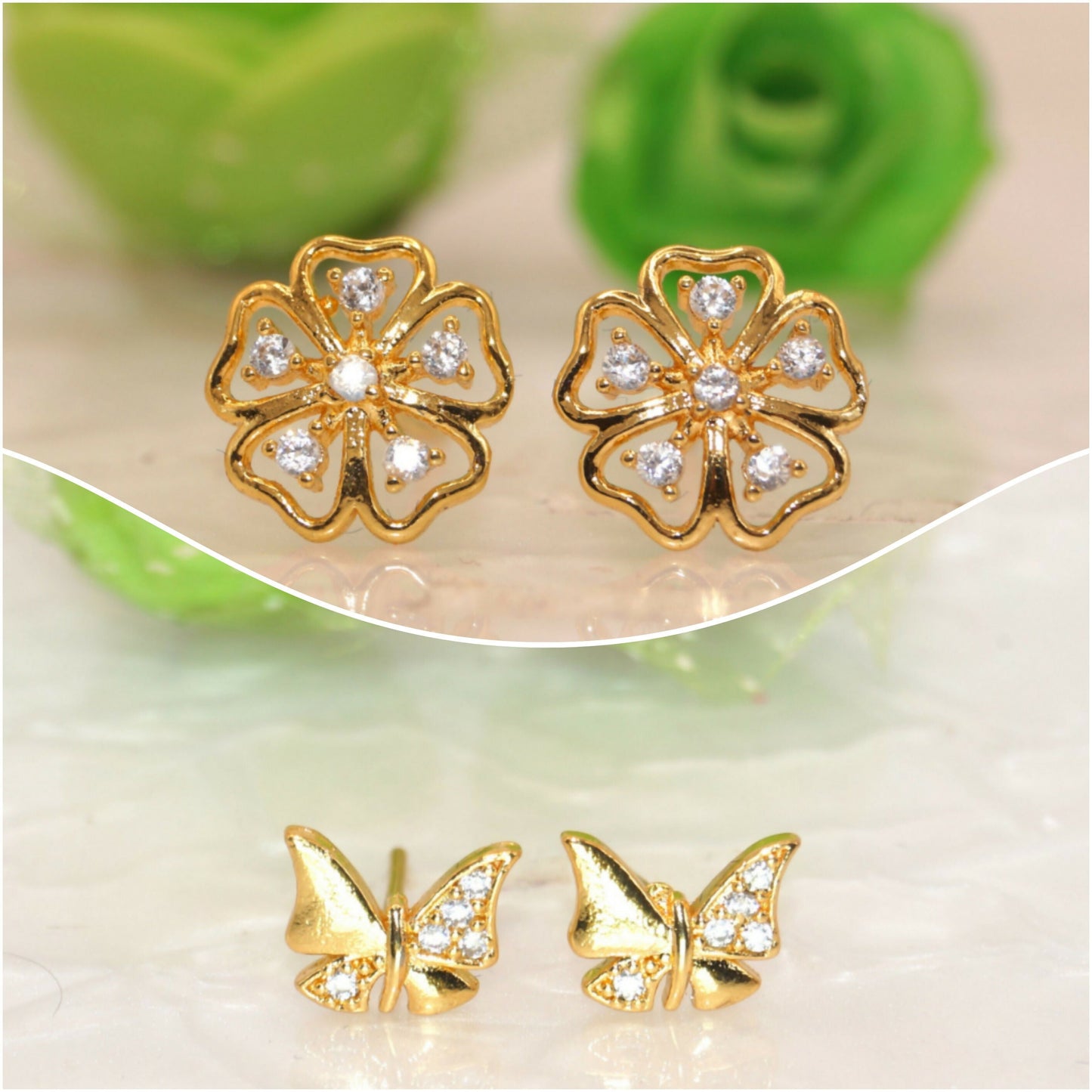 Artificial Gold Flower & Butterfly Stud Earrings Set with AD for women & girls Combo Pack of 2