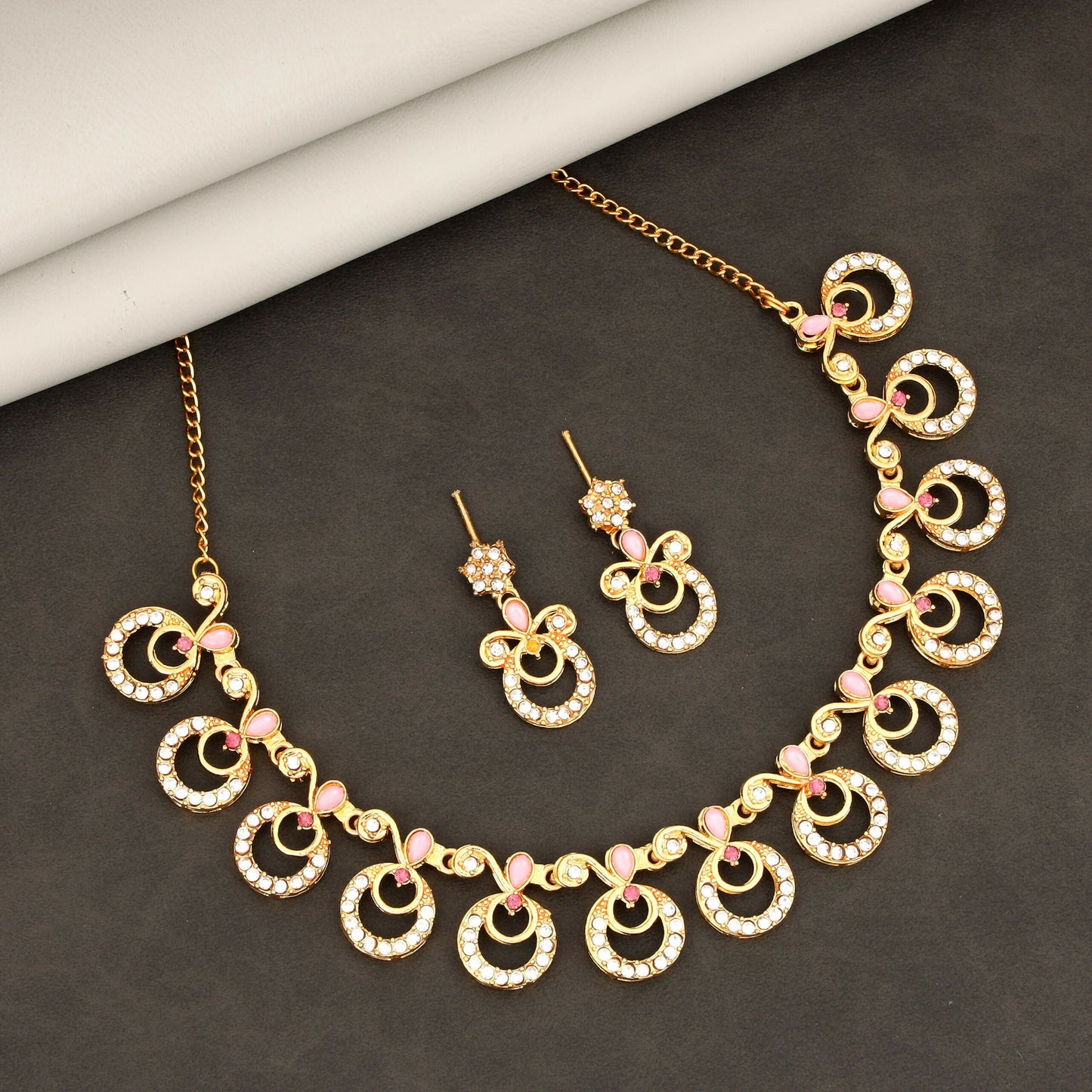Artificial Gold-Toned AD & Emerald Vine Drop Necklace Set