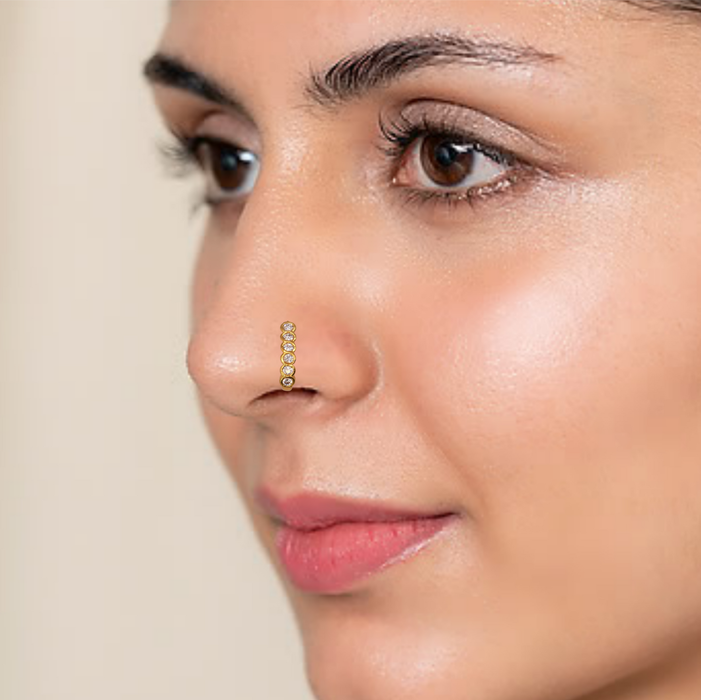 Artificial Gold Plated 6-Stone Line Clip-On Nose Pin | Non-Pierced AD Nath