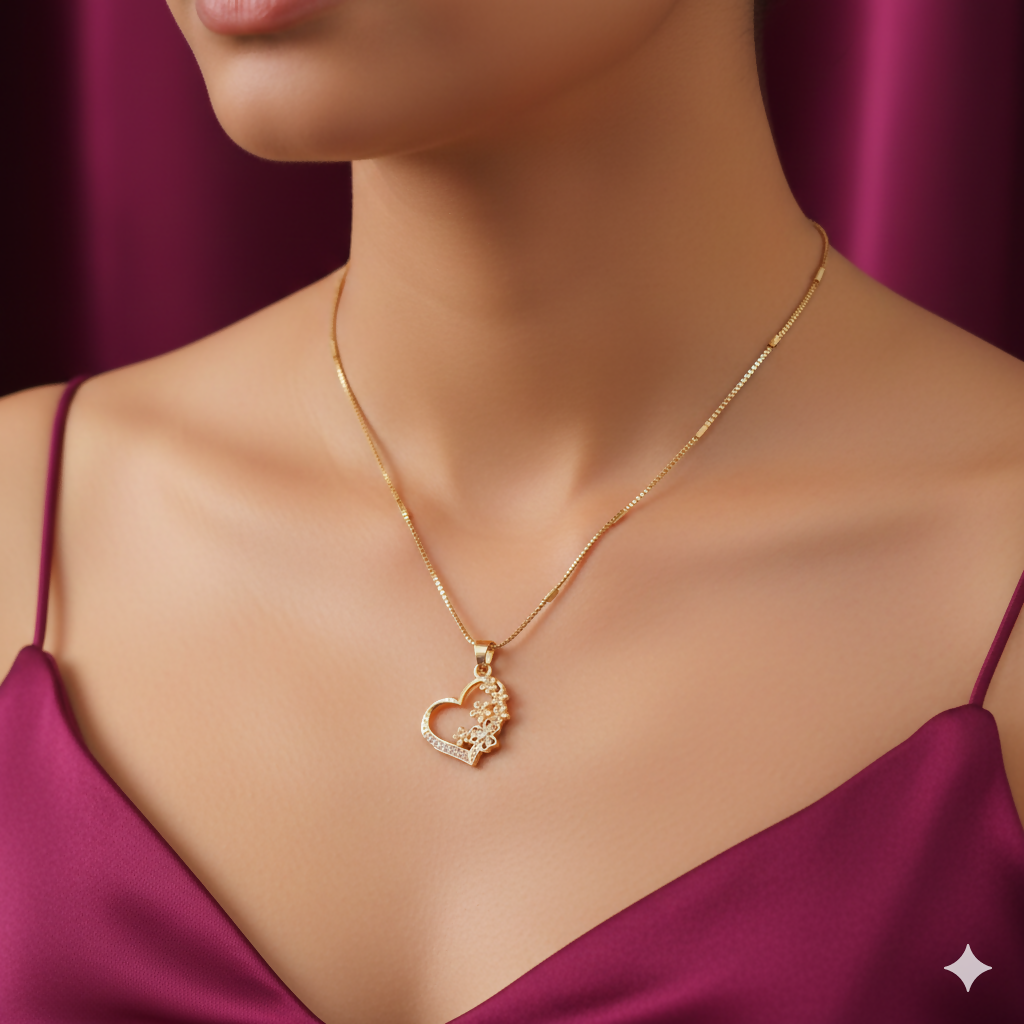 Artificial Gold-Plated AD Heart & Floral Pendant Necklace For women and girls